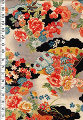 *Yuwa - Floral Fans, Clouds, Maple Leaves - Gray & Light Beige - By the Half Yard