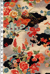 *Yuwa - Floral Fans, Clouds, Maple Leaves - Gray & Light Beige - By the Half Yard