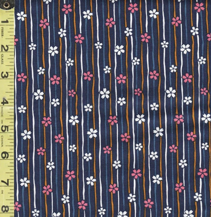 Japanese Novelty - Cosmo Small Floating Cherry Blossoms on Skinny Stripes - AP22910-1E -Navy - ON SALE - SAVE 50% By the Yard