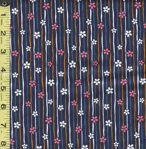 Japanese Novelty - Cosmo Small Floating Cherry Blossoms on Skinny Stripes - AP22910-1E -Navy - ON SALE - SAVE 50% By the Yard