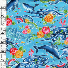 *Japanese - Cosmo Okinawa Bingata Style - Whales, Turtles & Hibiscus - AP52109-2C - Blue - By the Half Yard
