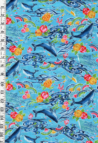 *Japanese - Cosmo Okinawa Bingata Style - Whales, Turtles & Hibiscus - AP52109-2C - Blue - By the Half Yard