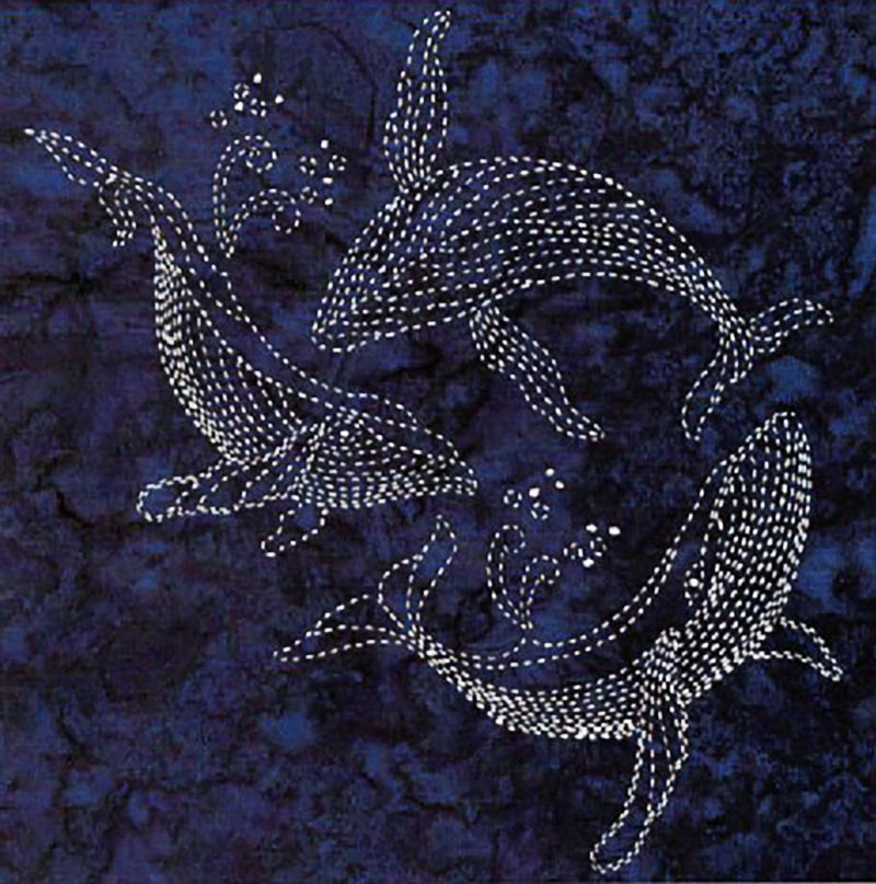 Sashiko - Pre-printed Sea Life Panel - OCEAN Series - HUMPBACKS - Indigo Batik