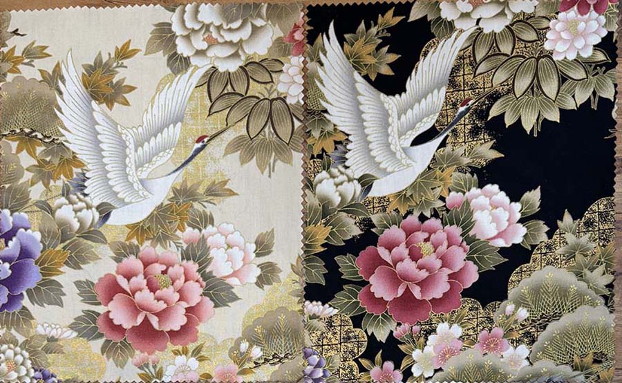 Asian - Kona Bay - Flying Cranes, Peonies & Cherry Blossoms - 4 Pieces - 9" x 12" - Cream & Black (2 each)