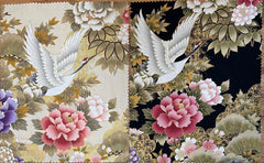 Asian - Kona Bay - Flying Cranes, Peonies & Cherry Blossoms - 4 Pieces - 9" x 12" - Cream & Black (2 each)