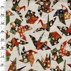 Japanese - Sevenberry Nara Homespun - Ori-Zuru Origami Cranes & Floating Boxes - SB-88501-2-2 - Greenish-Tan