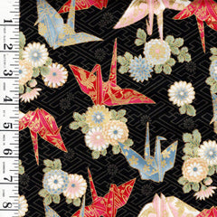 *Quilt Gate - Colorful Origami Cranes & Mums - Gold Metallic - HR3530-12F - Black - By the Half Yard