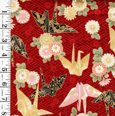 *Quilt Gate - Colorful Origami Cranes & Mums - Gold Metallic - HR3530-12D - Red - By the Half Yard