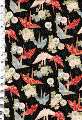 *Quilt Gate - Colorful Origami Cranes & Mums - Gold Metallic - HR3530-12F - Black - By the Half Yard