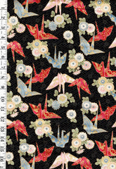 *Quilt Gate - Colorful Origami Cranes & Mums - Gold Metallic - HR3530-12F - Black - By the Half Yard