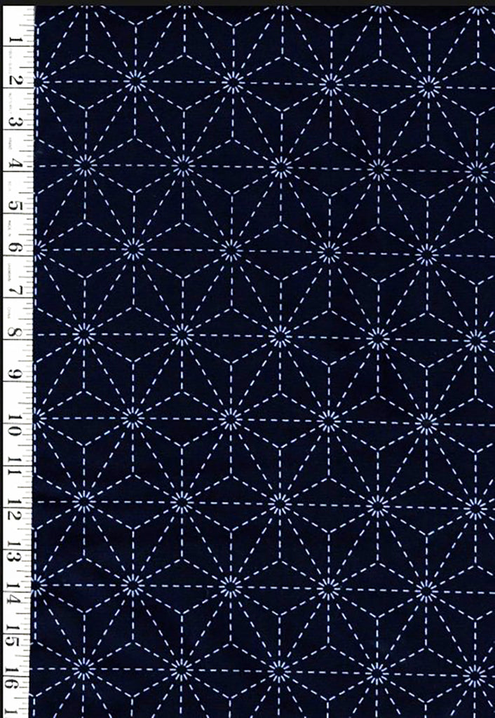 * Sashiko Fabric - Pre-printed Sashiko Fabric - Asanoha - Dark Navy-Indigo- 101B - By the Half Yard