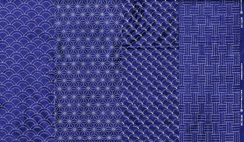 Sashiko Fabric - Pre-printed Sashiko Fabric - 4 Traditional Designs - Dark Navy-Indigo - Piece 1