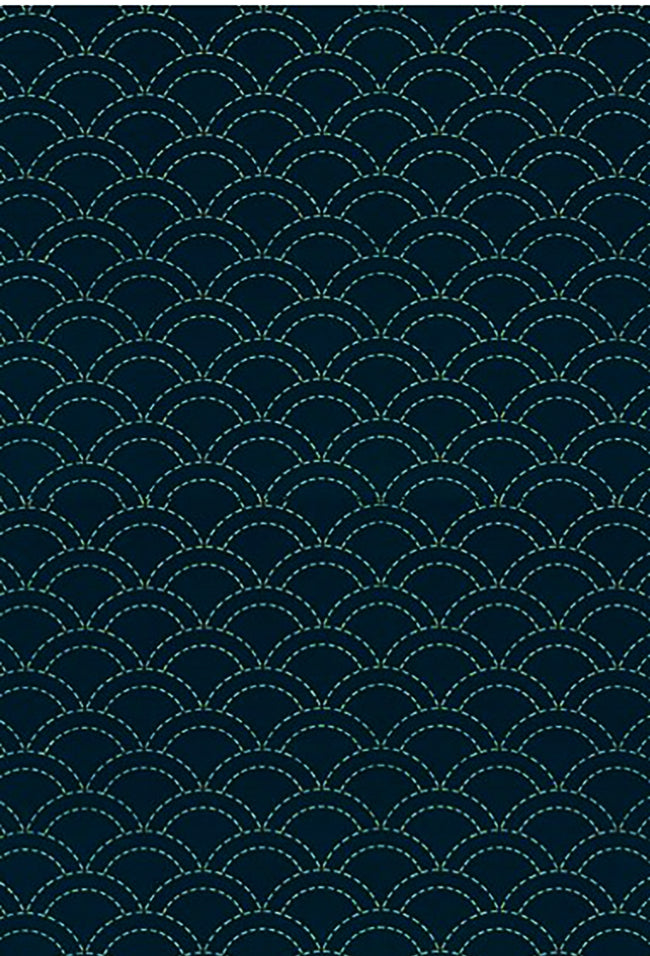 Sashiko Fabric - Pre-printed Sashiko Fabric - Wave Design (Seigaiha) # 9 - Dark Navy (READS BLACK) - Last 24 inches
