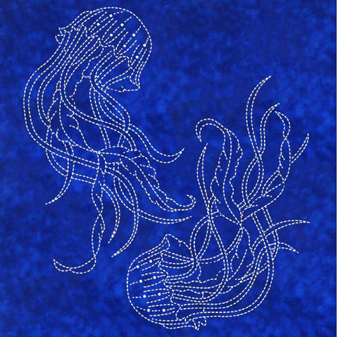 Sashiko - Pre-printed Sea Life Panel - Jellyfish - Blue