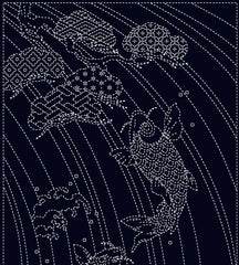 Sashiko Pre-printed Panel - Wagara SPLASHING SPIRITS - KF1123-11B - Black