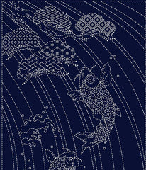 Sashiko Pre-printed Panel - Wagara SPLASHING SPIRITS - KF1123-11A - Dark Navy