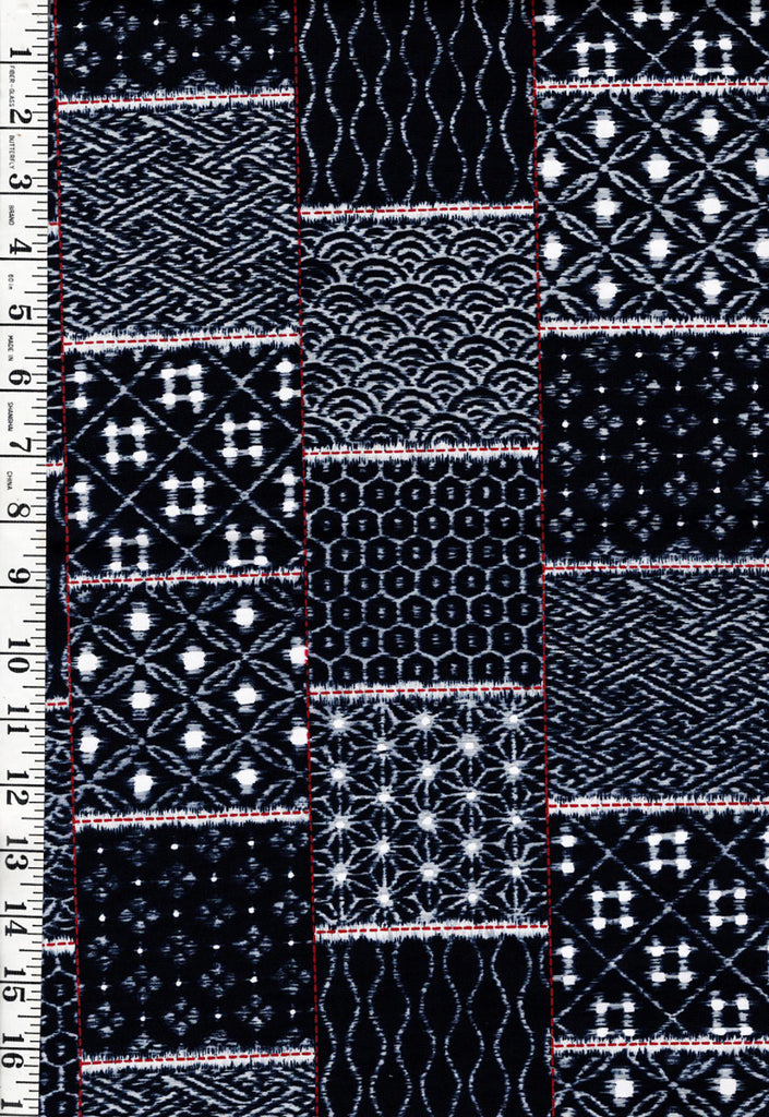 *Japanese -  Japanese Motif Patchwork 3 1/2" Squares - Dark Indigo/ Black - By the Half Yard
