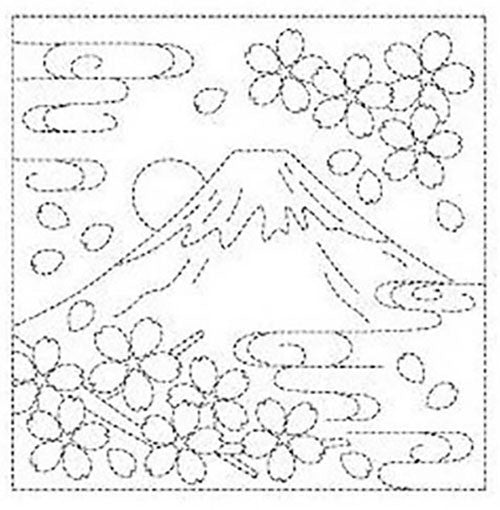 Sashiko Pre-printed Sampler - # 1012 Mt. Fuji & Cherry Blossoms - White