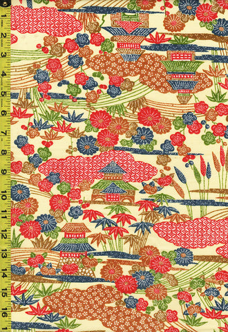964 - Japanese Wool - Scenic House with Bamboo & Plum Blossoms - Soft Butter Yellow