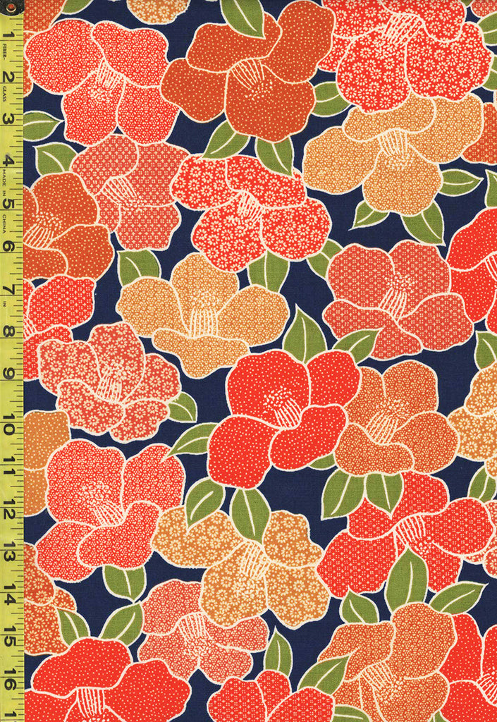 973 - Japanese Wool - Camellias - Navy Blue