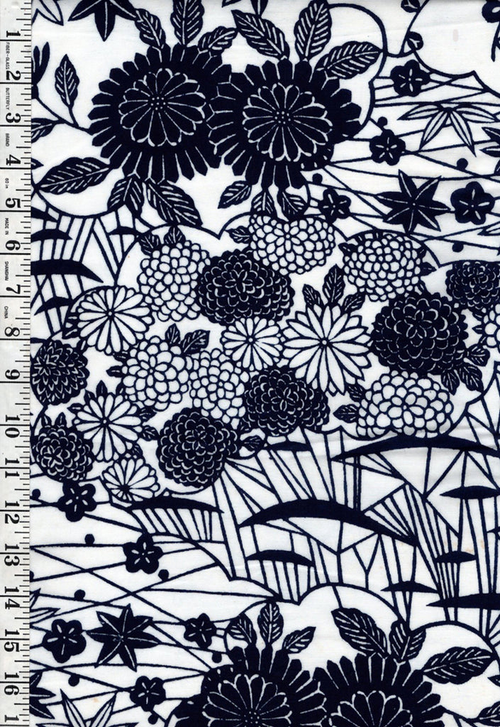 Yukata Fabric - 604 - Mums, Plum Blossoms & Maple Leaves - White & Indigo - By the Half Yard