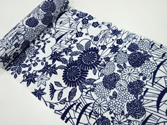 Yukata Fabric - 604 - Mums, Plum Blossoms & Maple Leaves - White & Indigo - By the Half Yard