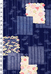 400 - Japanese Silk - Bamboo & Floral Blocks - Dark Navy Blue
