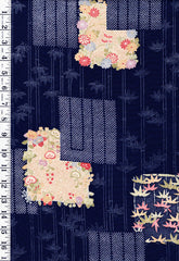 400 - Japanese Silk - Bamboo & Floral Blocks - Dark Navy Blue
