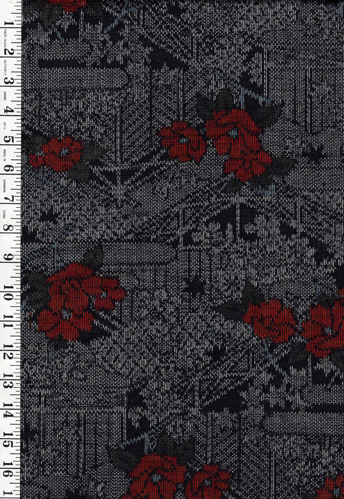 401 - Japanese Silk - Village & Orange Flowers - Gray & Black