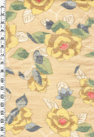 436 - Japanese Silk - Camelias & Colorful Leaves - Handwoven - Light Beige