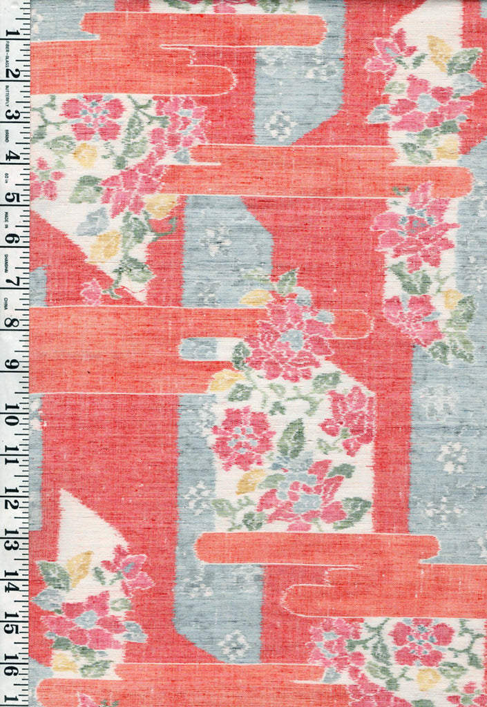 437 - Japanese Silk - Pretty Flowers & Geometric Shapes - Handwoven - Soft Coral & Orange