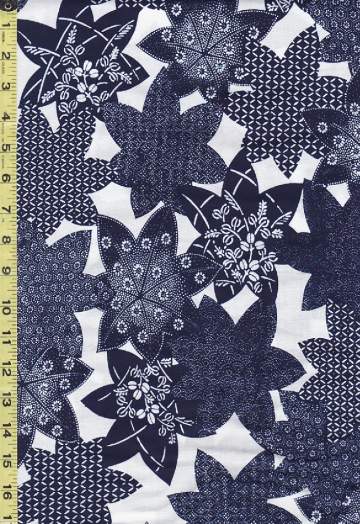 Yukata Fabric - 609 - Floral Motif Maple Leaves - Indigo & White - By the Half Yard