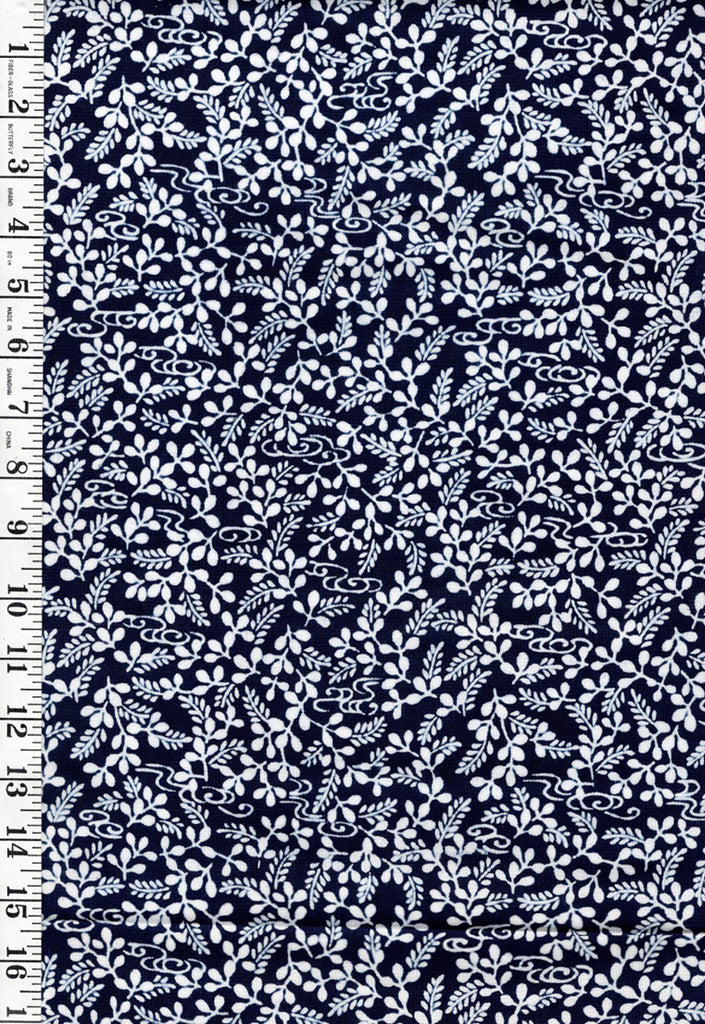 Yukata Fabric - 515 - Small Compact Leafy Branches & River Swirls - Indigo - Textured