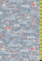 416 - Japanese Silk - Floral Hillside, Iris & River Swirls & Tiny Butterflies - Light Blue