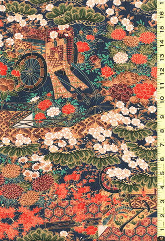 422 - Japanese Silk - Flower Cart & Floral Garden - Navy, Orange, Green