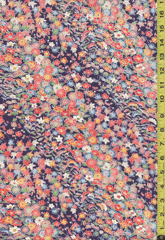 427 - Japanese Silk - Tiny Cherry Blossoms, Mums, & Maple Leaves - Navy - Multi-Colors