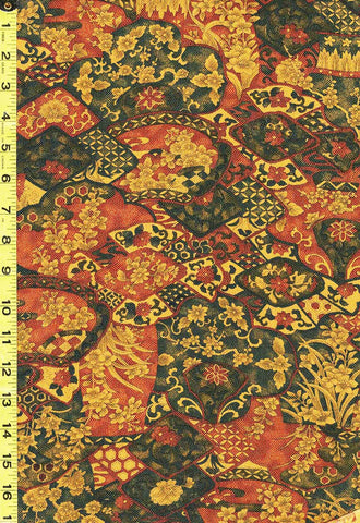 418 - Japanese Silk - Floral Plates - Dark Teal - Multi-Colors