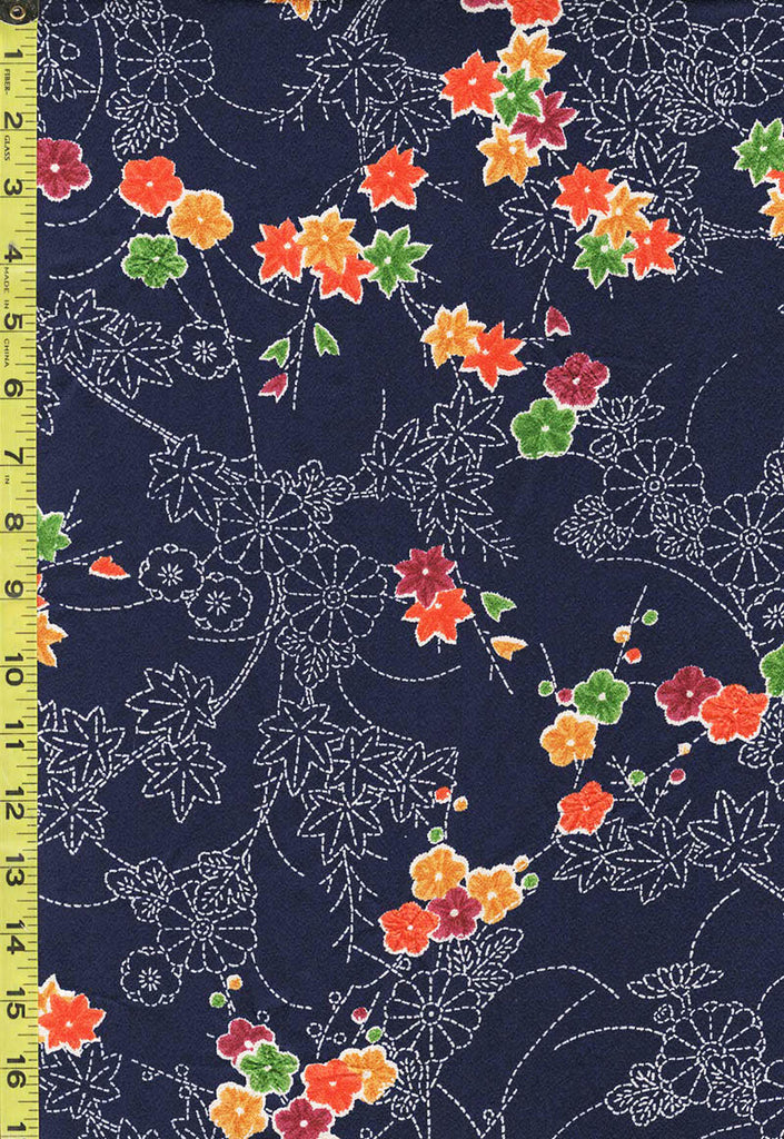 425 - Japanese Silk - Sashiko-Like Cherry Blossoms & Maple Leaves - Dark Navy