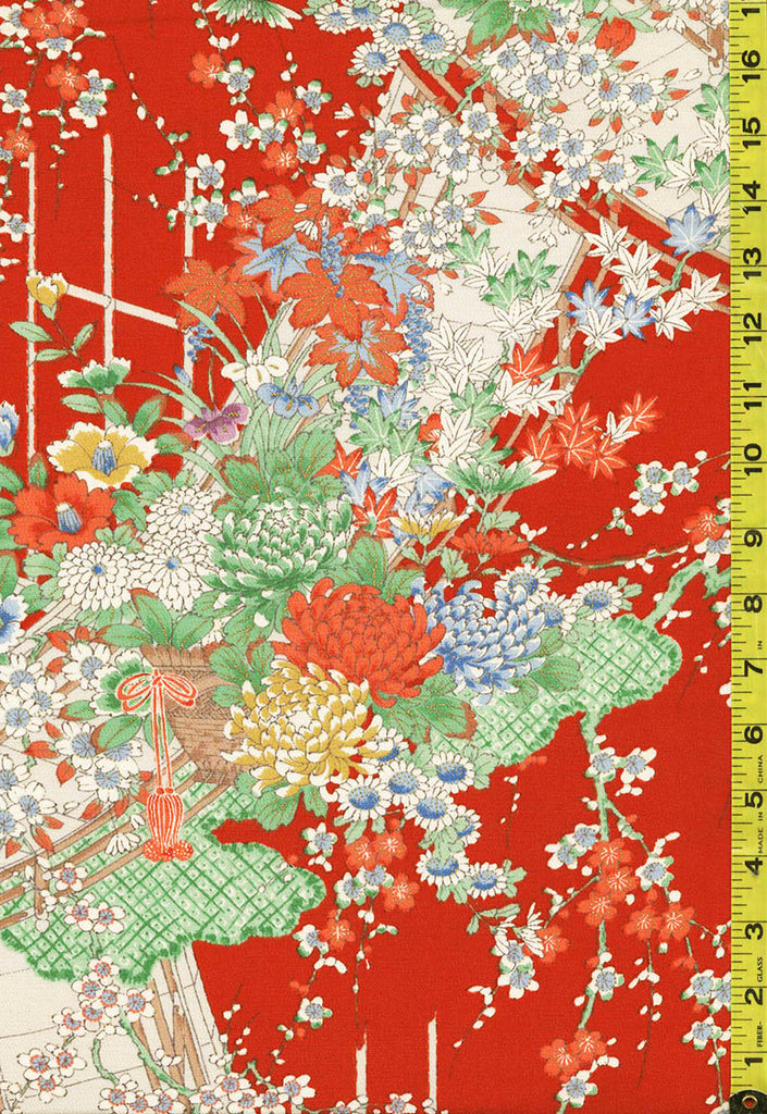 618 - Japanese Silk - Floral Garden & Bridge - Dark Reddish Orange