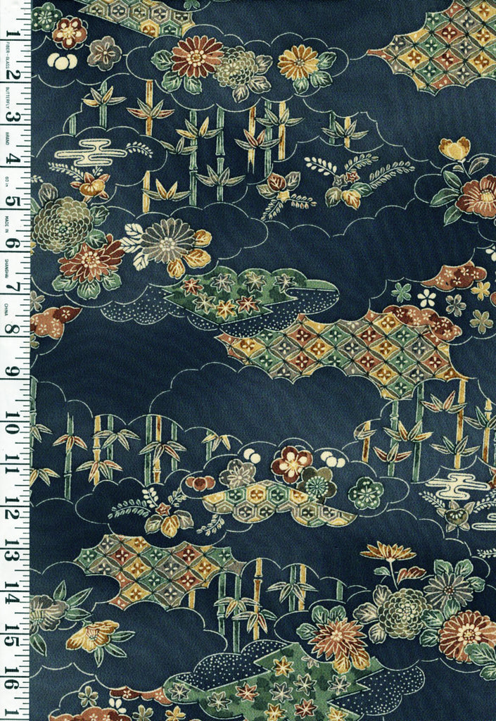544 - Japanese Silk - Bamboo, Mums & Floral Clouds - Navy - Blue-Gray