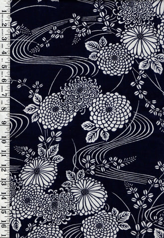 Yukata Fabric - 622 - Kiku (Mum) Bouquets & River Swirls - Indigo - By the Half Yard