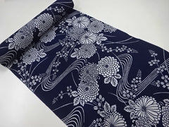 Yukata Fabric - 622 - Kiku (Mum) Bouquets & River Swirls - Indigo - By the Half Yard