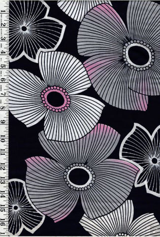 Yukata Fabric - 600 - Large Abstract Flowers with Pink Accents - Indigo