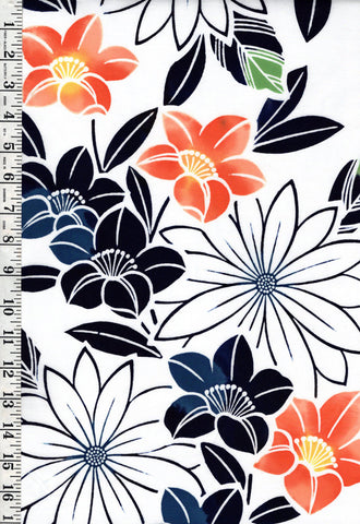 Yukata Fabric - 603 - Colorful Camellias & Large Daisies - White