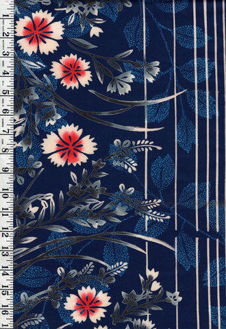 Yukata Fabric - 619 - Autumn Leaves & Flowers  - Blue - By the Half Yard