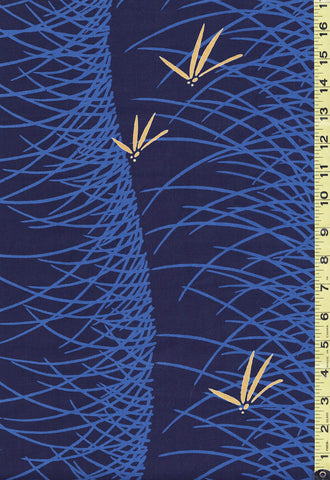 Yukata Fabric - 639 -Yellow Dragonflies on Blowing Grasses - Indigo