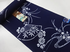 Yukata Fabric - 642 - Japanese Fans & Flowers - Dark Navy - Indigo