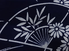 Yukata Fabric - 642 - Japanese Fans & Flowers - Dark Navy - Indigo