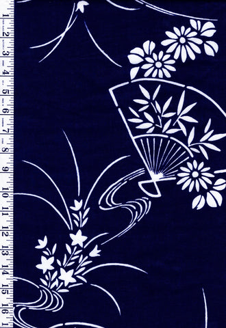 Yukata Fabric - 642 - Japanese Fans & Flowers - Dark Navy - Indigo