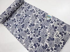 Yukata Fabric - 653 - Chrysanthemums & Curly Vines - White & Indigo